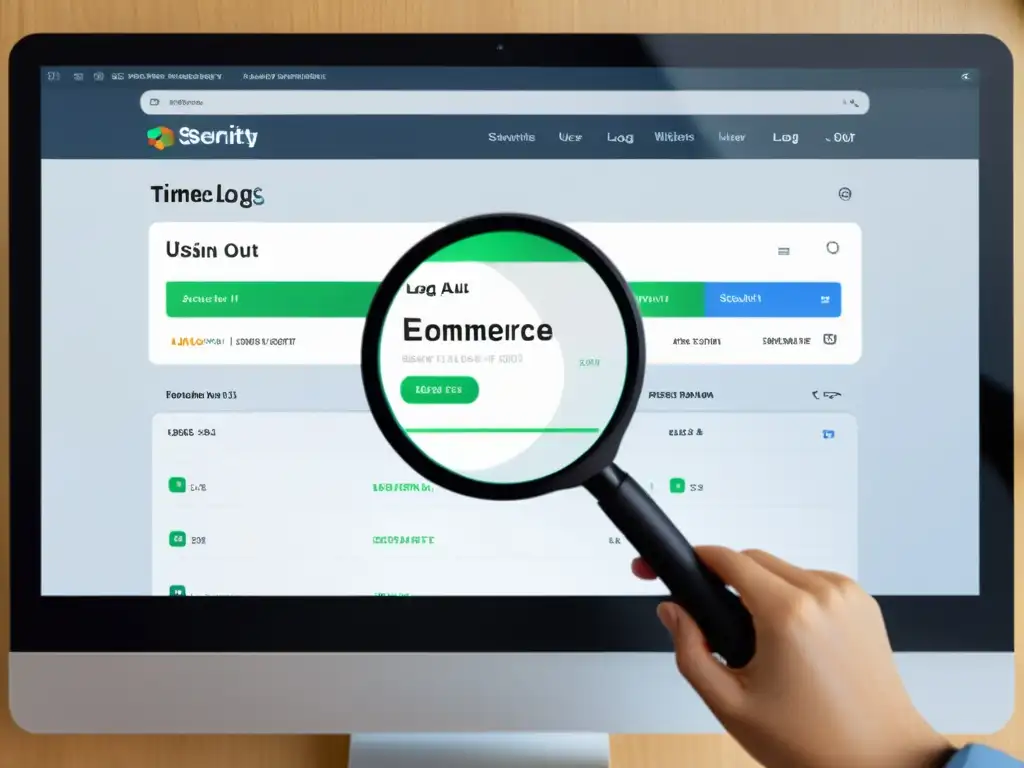 Detalle de una lupa sobre pantalla de computadora, mostrando registros de actividad en un sitio web de comercio electrónico