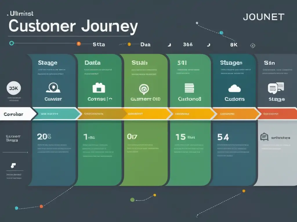 Detalle 8k de mapa del Customer Journey en el Comercio Electrónico: puntos de contacto, interacciones y datos en diseño moderno y minimalista