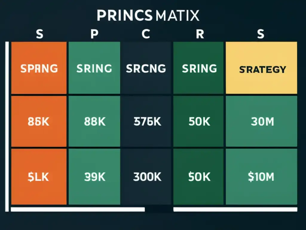 Detalle 8k de matriz de estrategia de precios online, con líneas minimalistas y bloques de color, representando diferenciación de productos