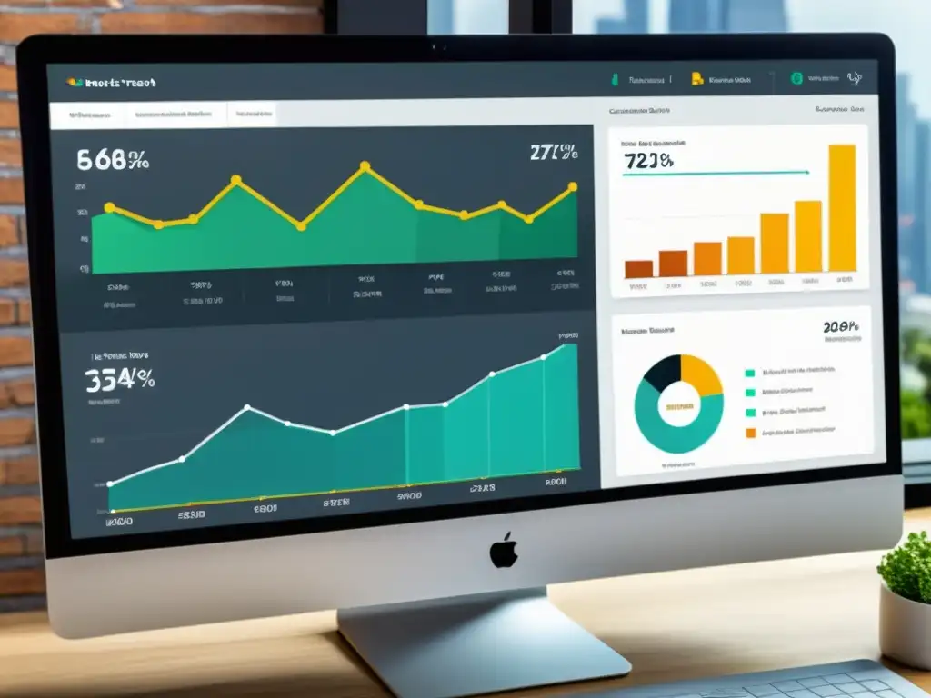 Detalle de un moderno panel de investigación de mercado para ecommerce transfronterizo, con visualizaciones de datos y herramientas analíticas