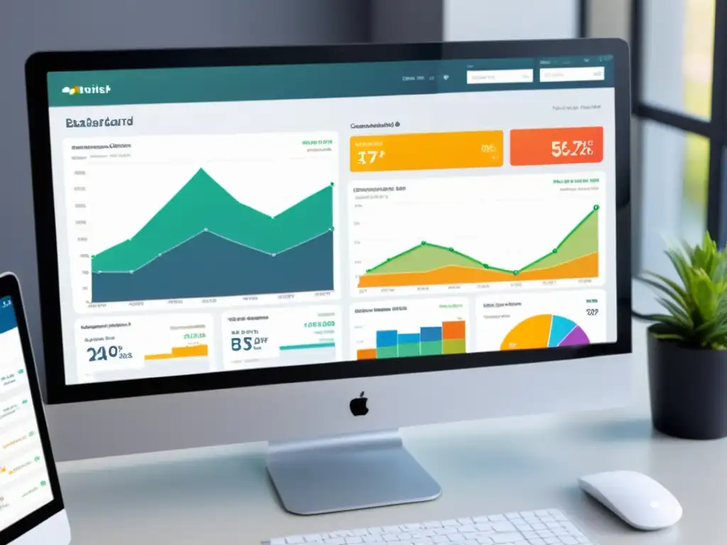 Detalle de un monitor con un moderno y atractivo panel de análisis de datos para ecommerce, destacando estrategia ventas integrada redes sociales