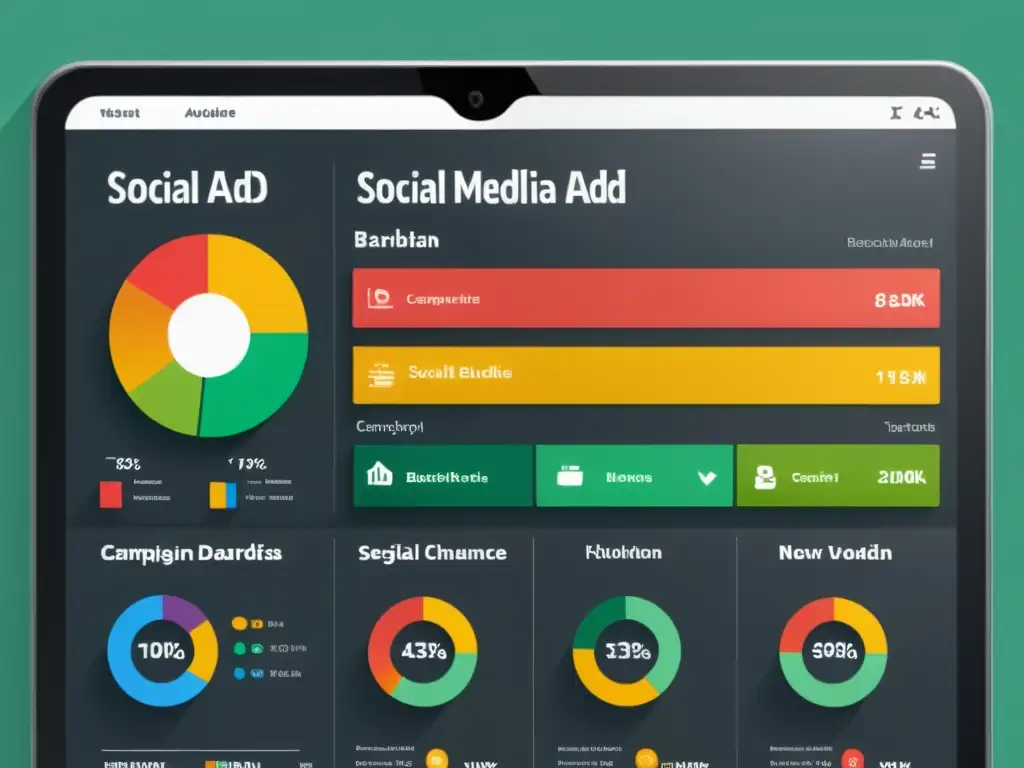 Detalle 8k de un panel de campaña publicitaria en redes sociales, con segmentación de audiencias detallada y diseño moderno y profesional