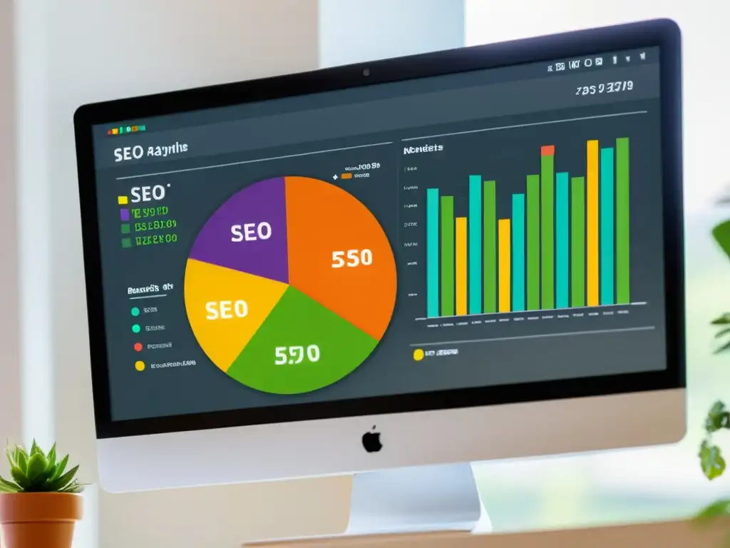 Detalle de pantalla de ordenador con complejo panel de análisis SEO para tienda online, mostrando métricas clave y gráficos coloridos