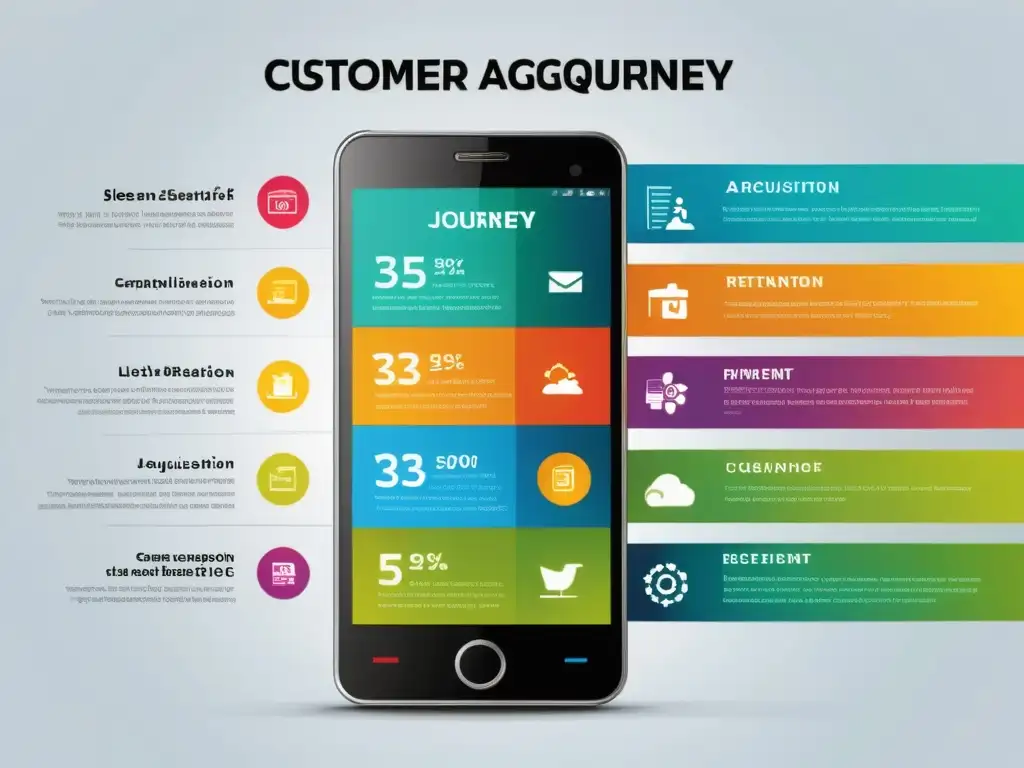 Detalle de smartphone con infografía del ciclo de vida del cliente ecommerce, transmitiendo profesionalismo y sofisticación