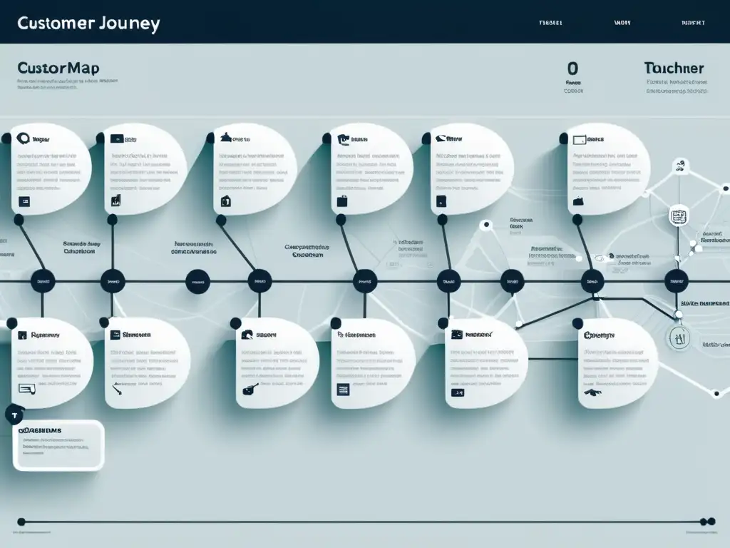 Detalle sofisticado de un mapa de customer journey para ecommerce, con líneas y nodos que representan interacciones y touchpoints