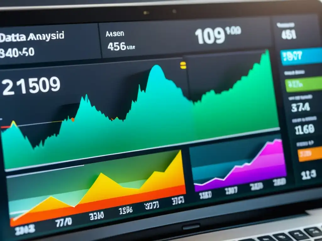 Detalle de un sofisticado panel de visualización de datos con gráficos coloridos que representan el Análisis de Sentimiento en Estrategias de Precio en ecommerce