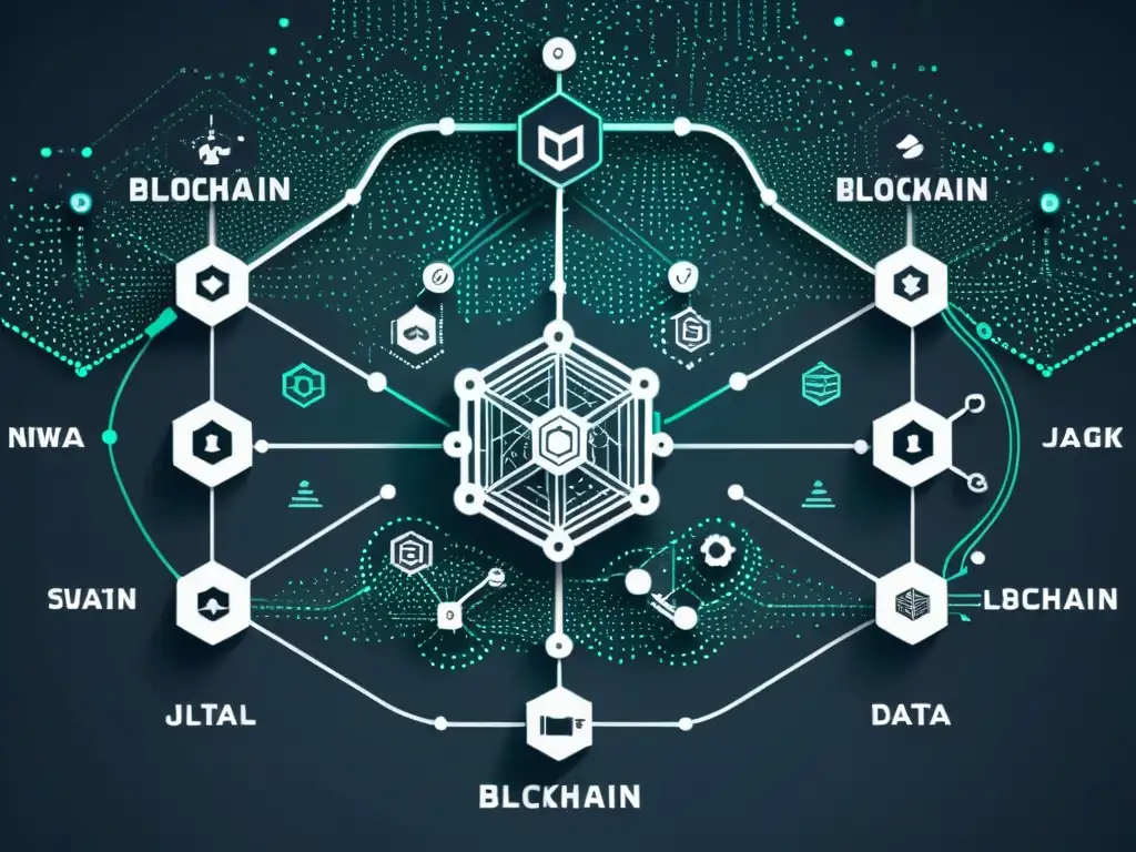 Detalle ultradetallado de un diagrama de red blockchain, con nodos interconectados y símbolos de encriptación