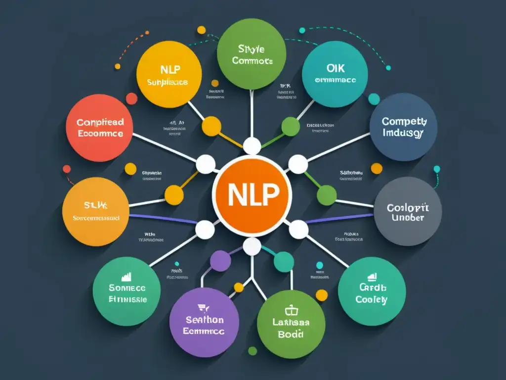 Un diagrama de algoritmo NLP detallado en 8k, con nodos interconectados que representan procesos NLP en ecommerce