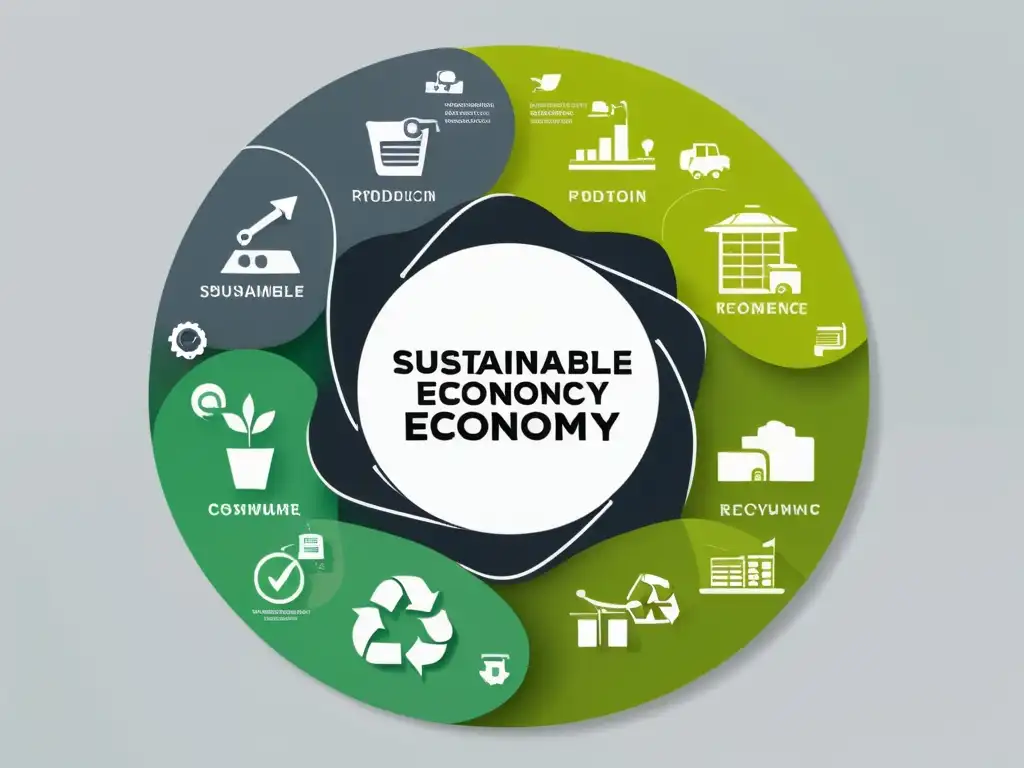 Diagrama elegante y minimalista de economía circular en ecommerce, mostrando la interconexión de producción, consumo y reciclaje