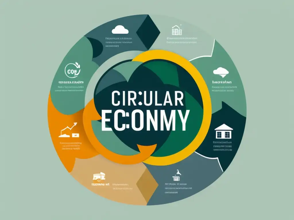 Diagrama minimalista de economía circular en comercio electrónico, con loops interconectados simbolizando el flujo continuo de recursos y materiales en tonos suaves y líneas limpias