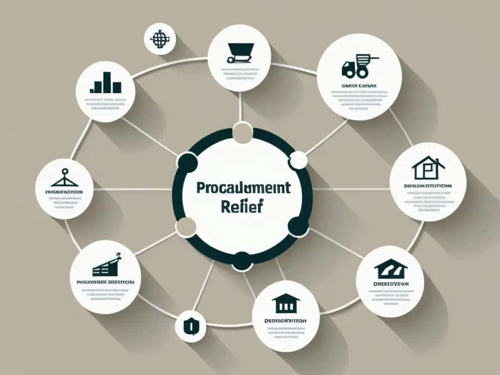 Un diagrama minimalista de una red de cadena de suministro interconectada, representando diferentes etapas de alivio en desastres