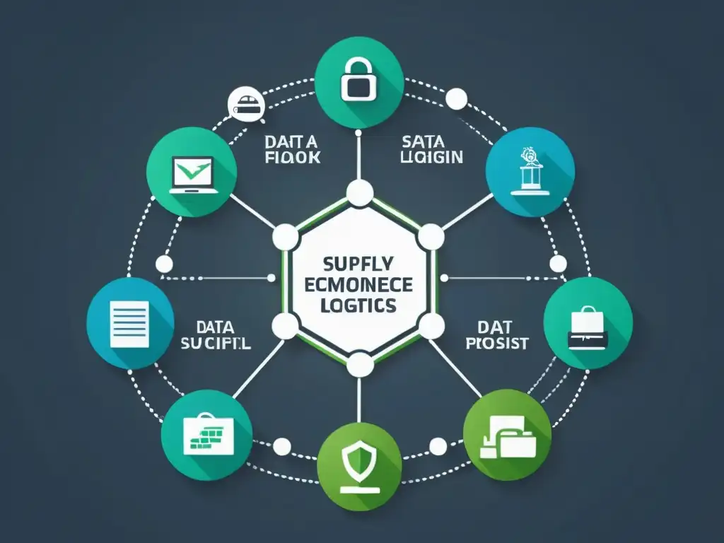 Diagrama de red logística futurista en alta resolución que destaca la ciberseguridad en el ecommerce, con un diseño limpio y sofisticado