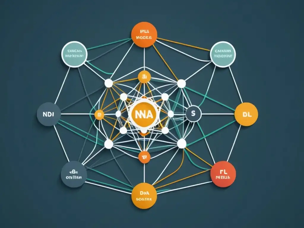 Diagrama de red neuronal en tonos modernos y limpios, representando el complejo procesamiento de datos en algoritmos de machine learning para entender el comportamiento del consumidor online