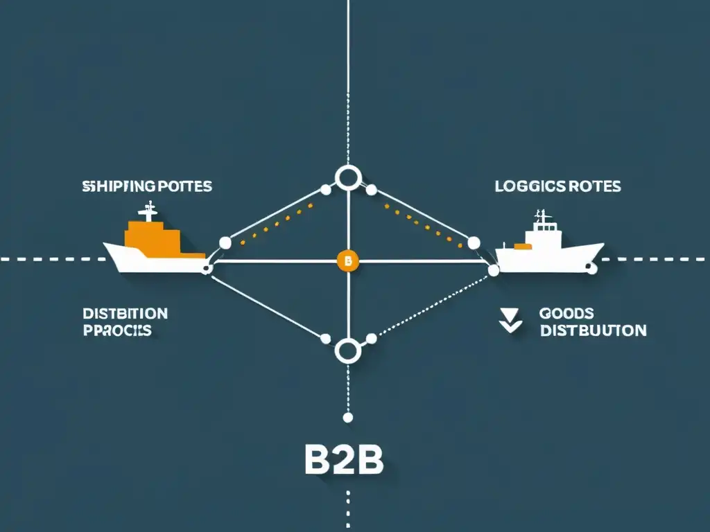 Diferencias envíos Ecommerce B2B B2C: Gráfica minimalista de rutas de envío B2B y B2C, destacando la eficiencia y fluidez del proceso logístico