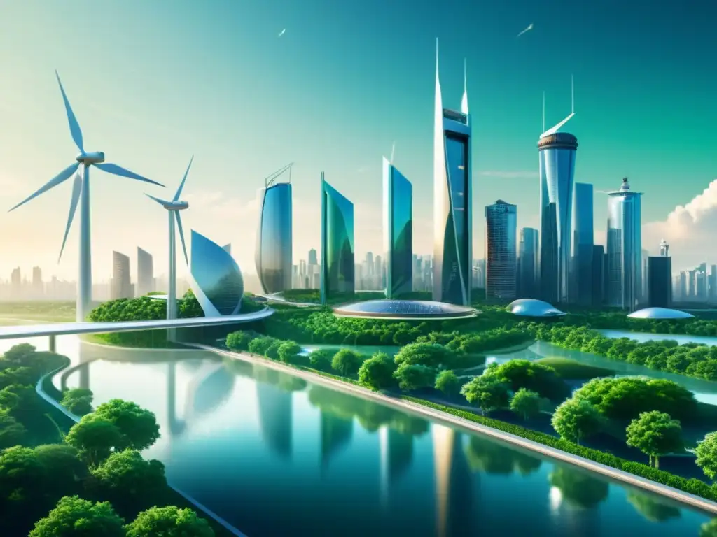 Digital ilustración futurista de una ciudad sostenible con energía renovable y blockchain sostenibilidad comercio electrónico