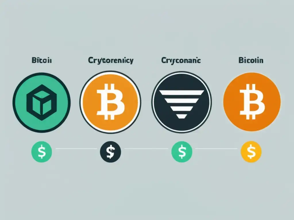 Una ilustración digital minimalista muestra la historia de las criptomonedas en el comercio electrónico, desde Bitcoin hasta hoy