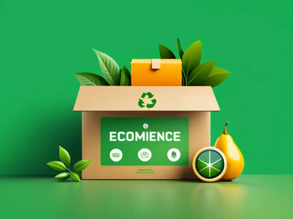 Un ilustración digital minimalista que muestra una plataforma de ecommerce sostenible, con diseño web moderno y productos ecológicos