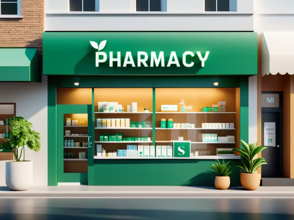 Una ilustración digital moderna y minimalista de la fachada de una farmacia, transmitiendo confianza y credibilidad