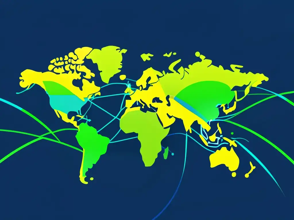 Digital ilustración de rutas comerciales globales, con líneas y formas geométricas que representan el impacto del comercio electrónico en la balanza comercial