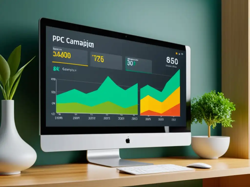 Diseño de campañas rentables PPC: Dashboard moderno, vibrante y detallado con gráficos claros en monitor de alta resolución