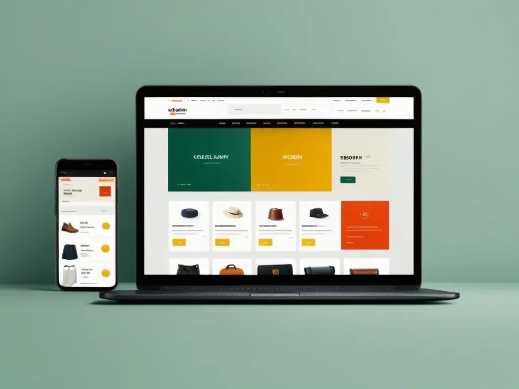 Diseño de campañas rentables PPC: Interfaz de eCommerce moderna y minimalista, con listados de productos organizados y colores vibrantes