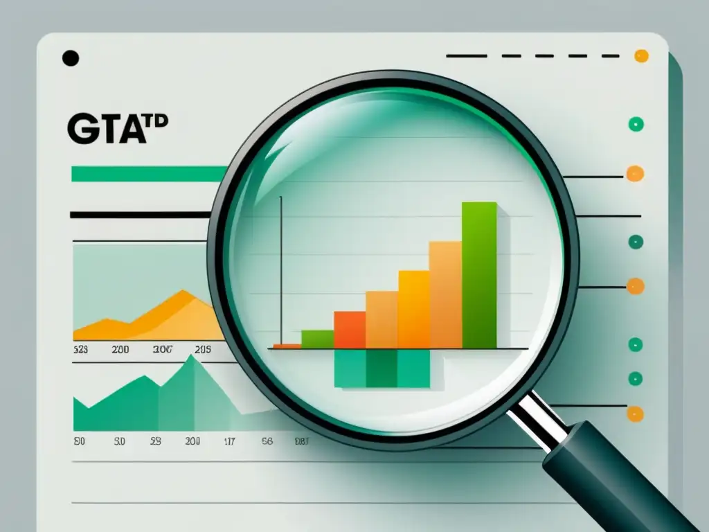 Un diseño minimalista de una lupa sobre gráficos de datos, con reflejo de sitio web ecommerce