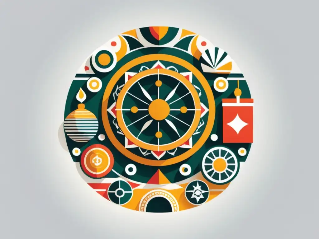 Un diseño moderno de símbolos culturales diversos en un mandala, representando la influencia de la cultura en ecommerce