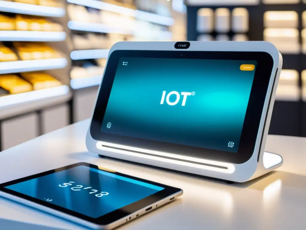 Dispositivo IoT blanco en tienda online, junto a tablet con análisis de datos en tiempo real