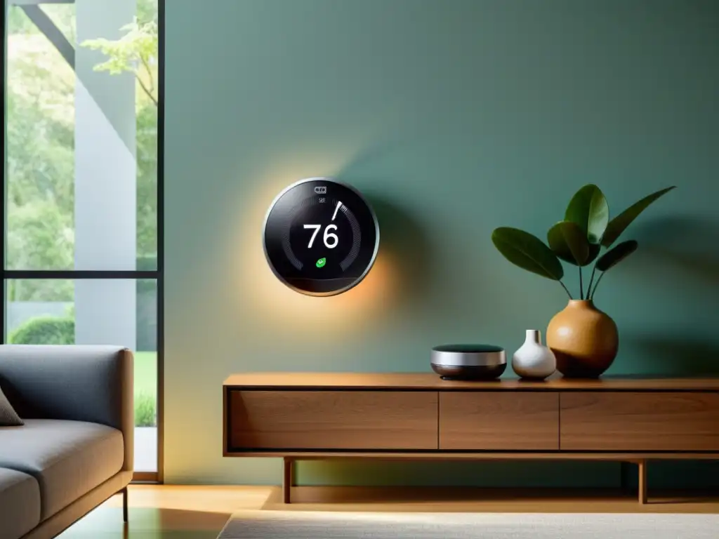 Un dispositivo IoT moderno y elegante en un entorno contemporáneo iluminado, mostrando su integración perfecta