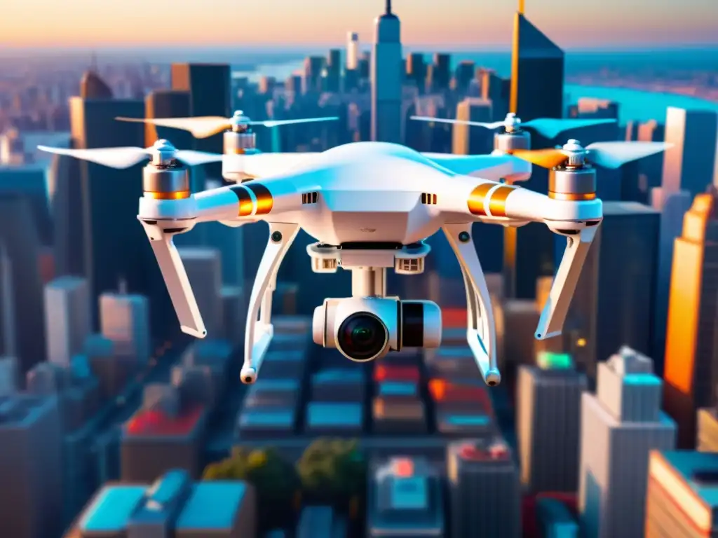 Un dron blanco y elegante se eleva sobre un bullicioso horizonte urbano, con paquetes apilados y un brazo robótico