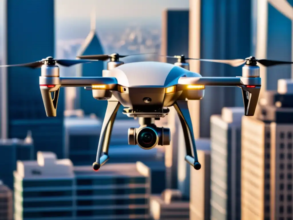 Un dron de entrega de alimentos moderno e innovador sobrevolando la ciudad, reflejando cambios en el comercio electrónico alimentario