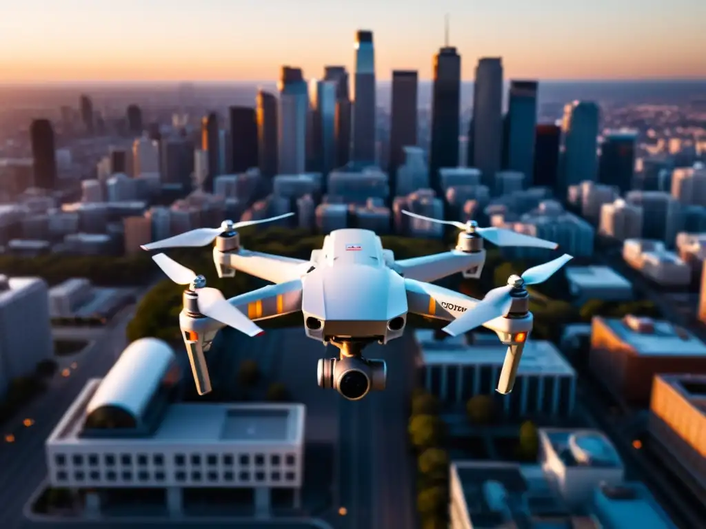 Un dron sobrevolando el horizonte de una ciudad al atardecer, con una cálida luz iluminando los edificios