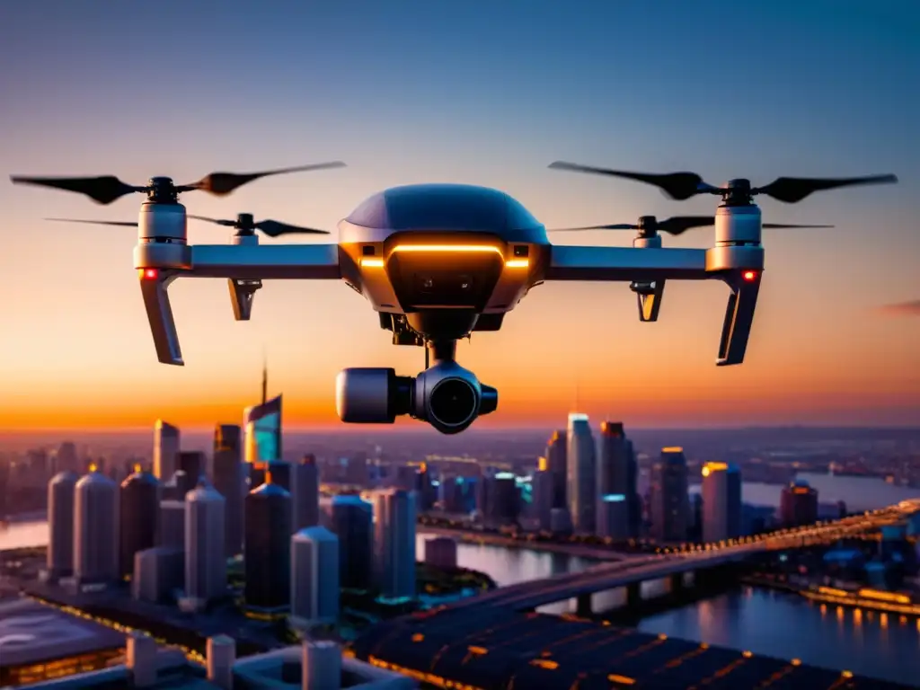 Un dron moderno y futurista sobrevolando una ciudad al atardecer, reflejando los beneficios de los drones en ecommerce