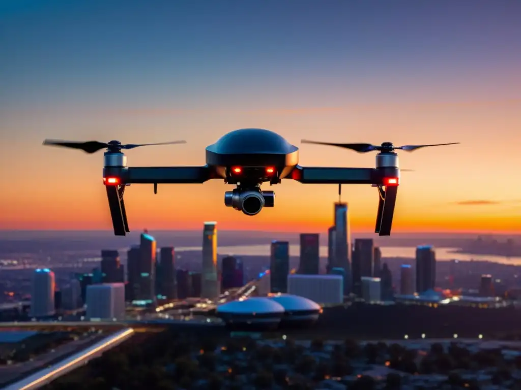 Un dron negro mate se eleva sobre un atardecer vibrante, listo para una misión de entrega