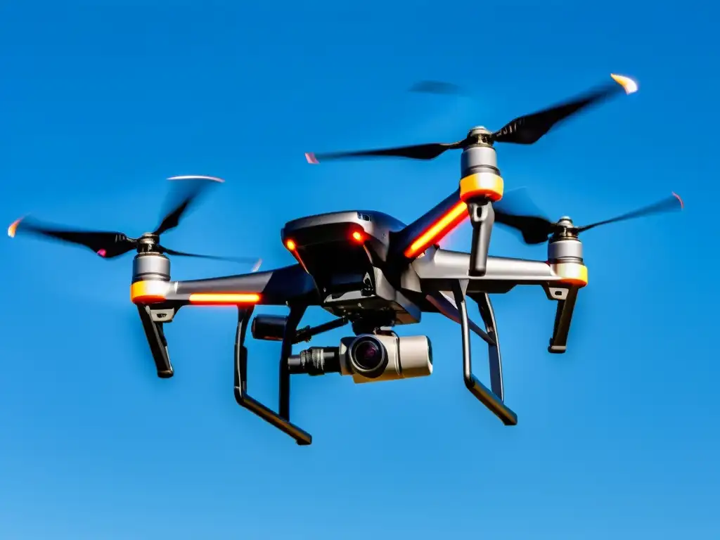 Un dron negro y elegante con un paquete, en vuelo dinámico bajo el cielo azul