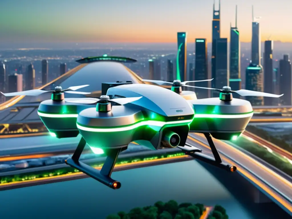 Un drone de carga futurista planea sobre el bullicioso horizonte de la ciudad, rodeado de una infraestructura de transporte verde