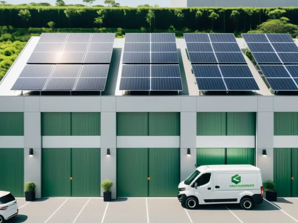 Almacén ecoamigable con paneles solares, vegetación exuberante y vehículos eléctricos