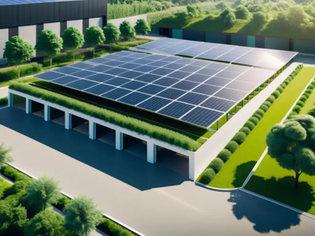 Almacén ecoamigable con paneles solares y techos verdes, rodeado de vegetación exuberante