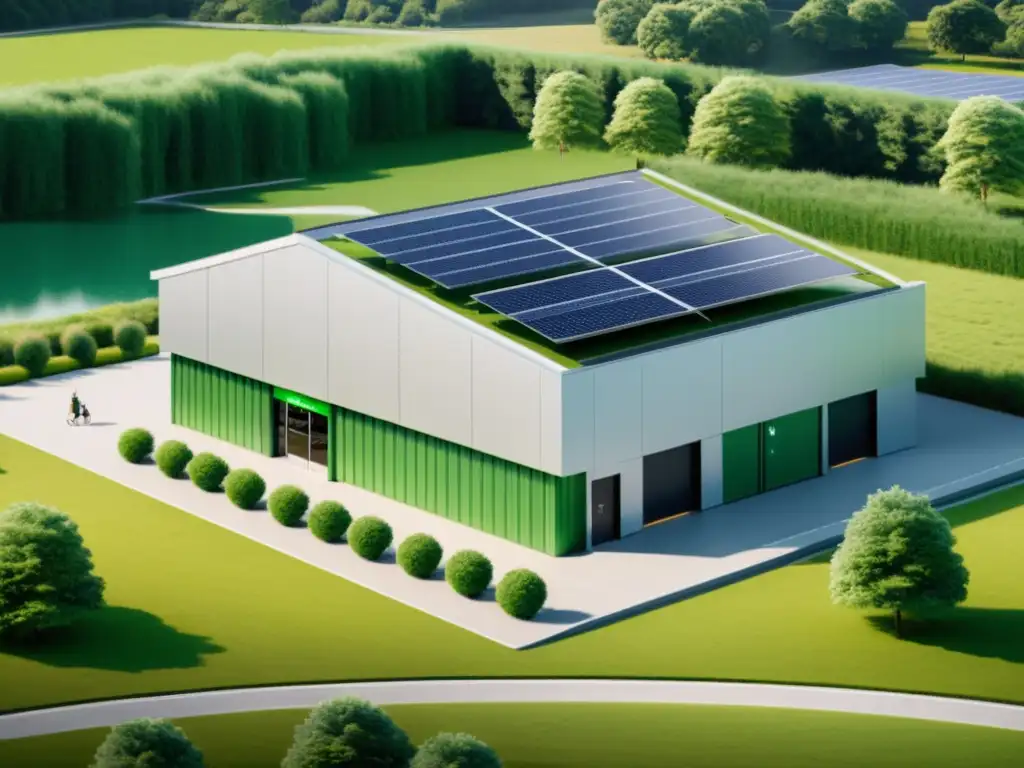 Almacén ecológico en ecommerce transfronterizo, con diseño moderno, paneles solares y paisaje verde