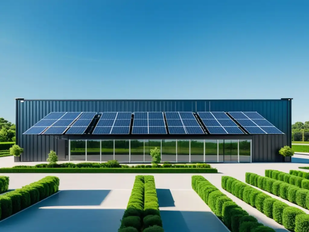 Almacén de ecommerce sostenible con paneles solares, rodeado de naturaleza y cielo azul