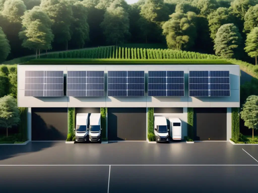 Almacén eco-sostenible con paneles solares y vehículos eléctricos