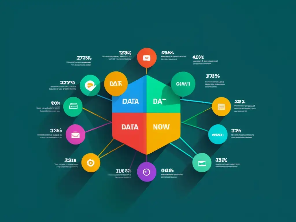 Visualización efectiva en análisis de sentimiento del cliente: Red de datos y emociones interconectadas con diseño moderno y colores vibrantes