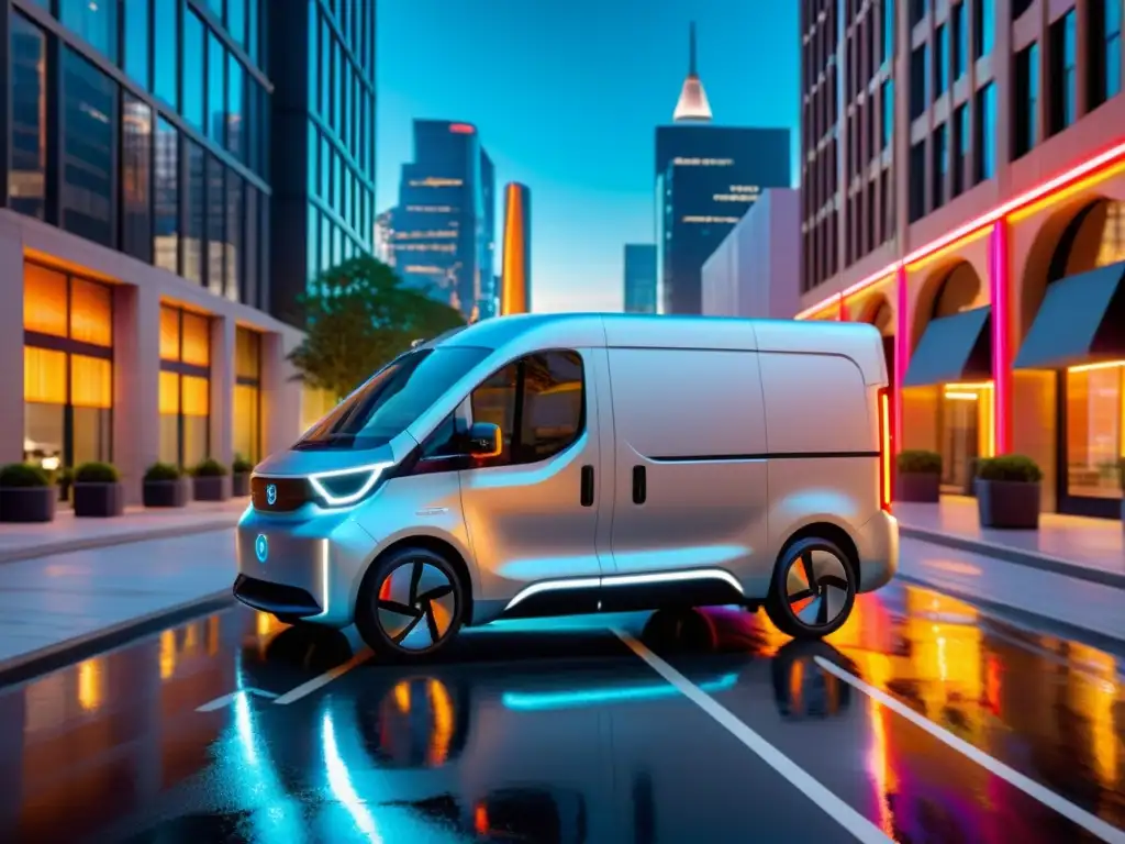 Van eléctrica plateada avanza silenciosamente por la ciudad futurista, rodeada de rascacielos de vidrio y luces de neón