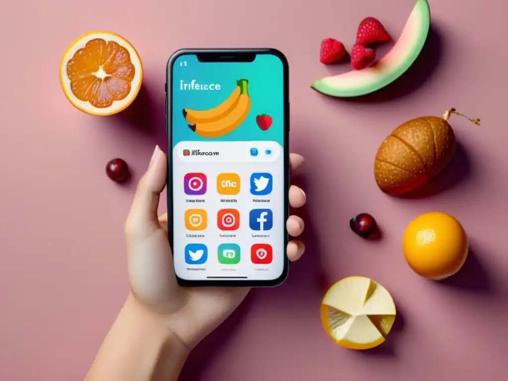 Influencer elegante muestra alimentos y bebidas en smartphone