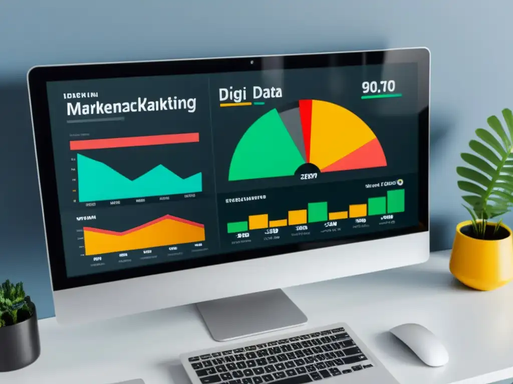 Un elegante y moderno panel de marketing digital con datos organizados y gráficos vibrantes