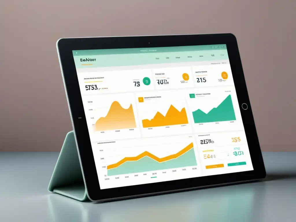 Un elegante panel de análisis de datos en tiempo real para ecommerce, con gráficos dinámicos y una estética moderna y sofisticada en tonos suaves