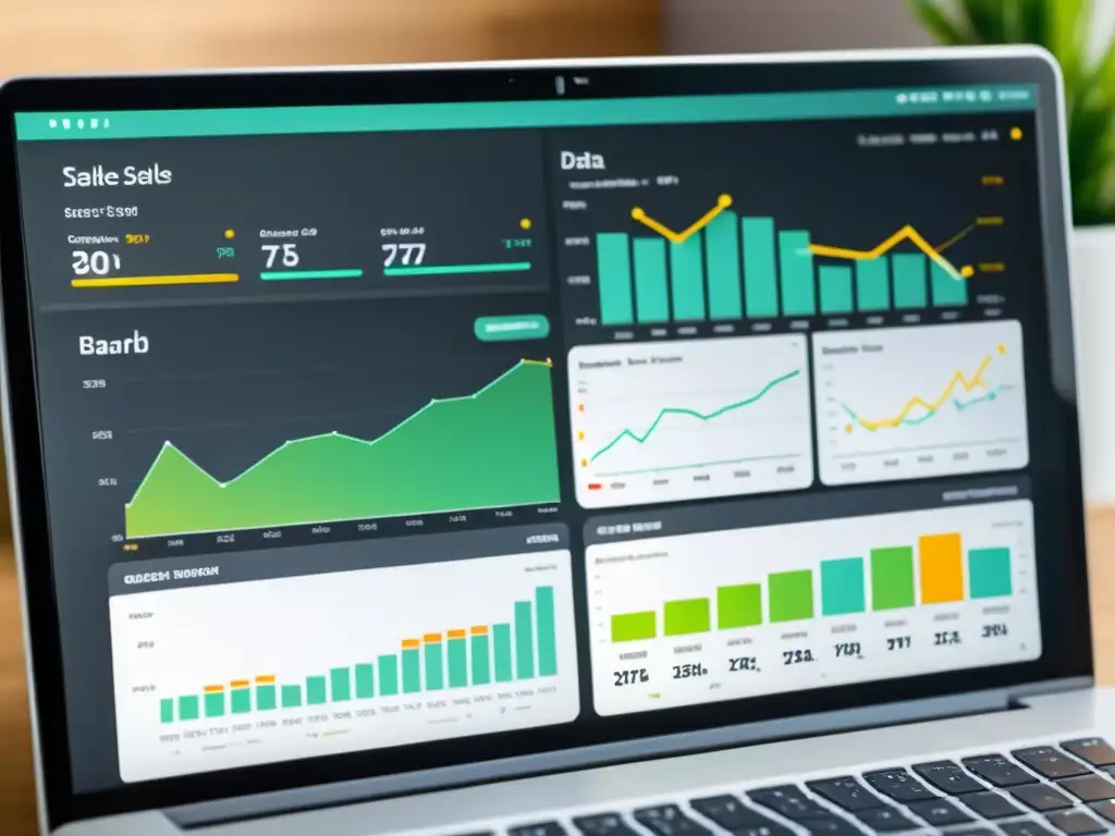 Un elegante panel de análisis de datos para ecommerce en pantalla de computadora, con gráficos y visualizaciones en tiempo real