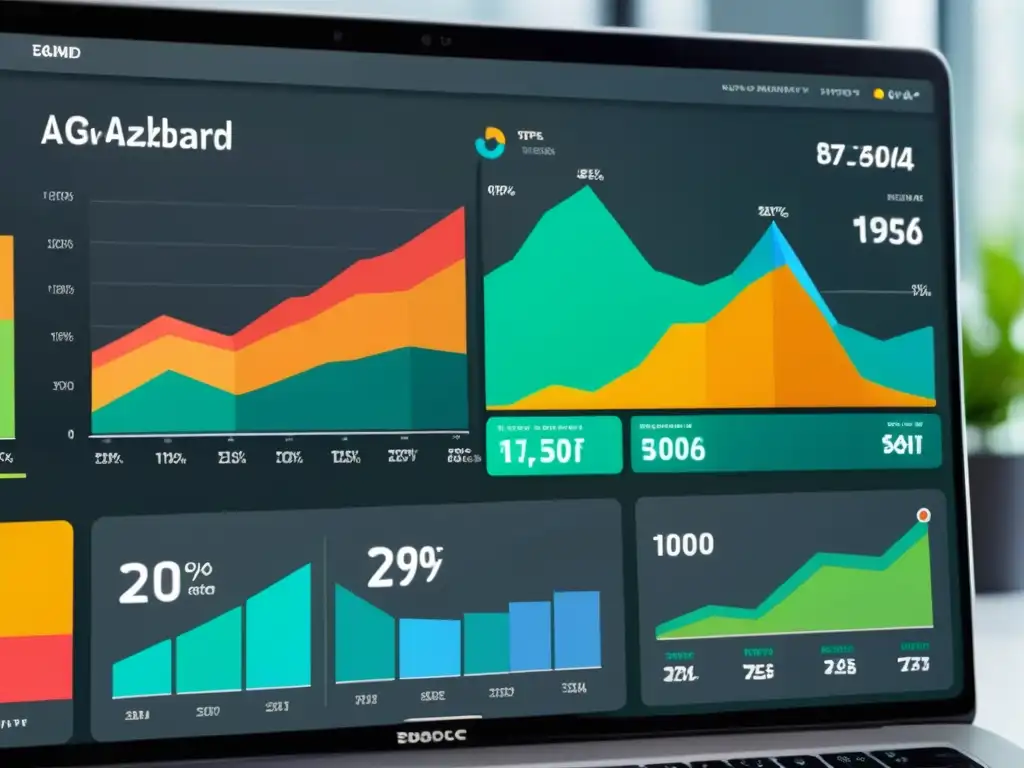 Un elegante panel de análisis de datos para ecommerce con visualizaciones dinámicas y coloridas que transmiten profundidad y complejidad