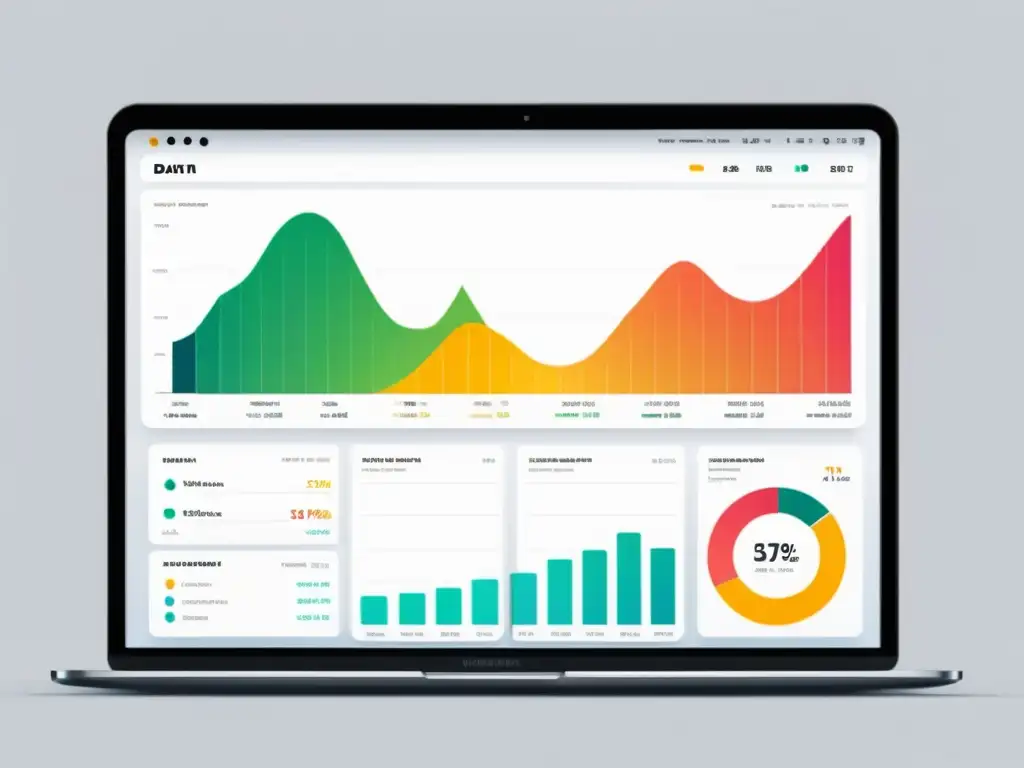 Un elegante panel de análisis de datos en publicidad ecommerce con gráficos y visualizaciones en colores vibrantes, sobre fondo blanco