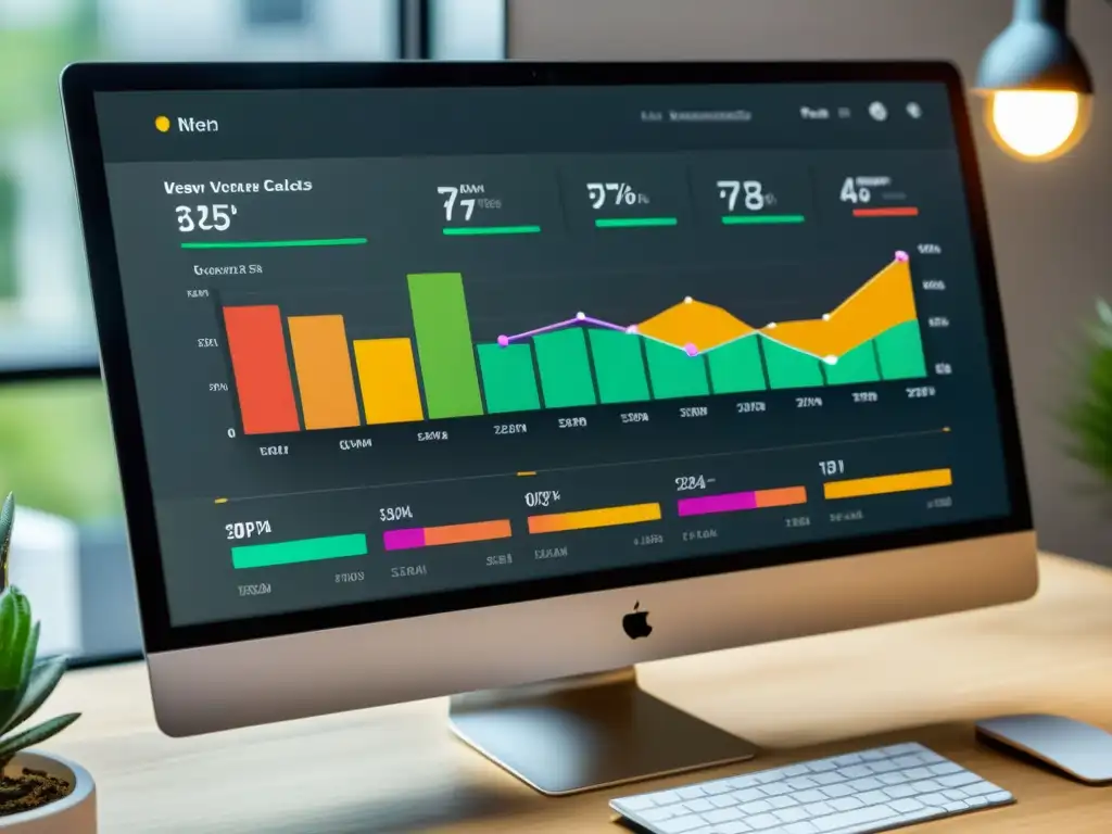 Un elegante panel de comercio electrónico con analítica avanzada para optimizar ecommerce, mostrando gráficos coloridos y métricas clave